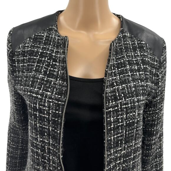 Zara Black Tweed Embellished Faux Leather Contrast Full Zip Coat - Picture 6 of 12